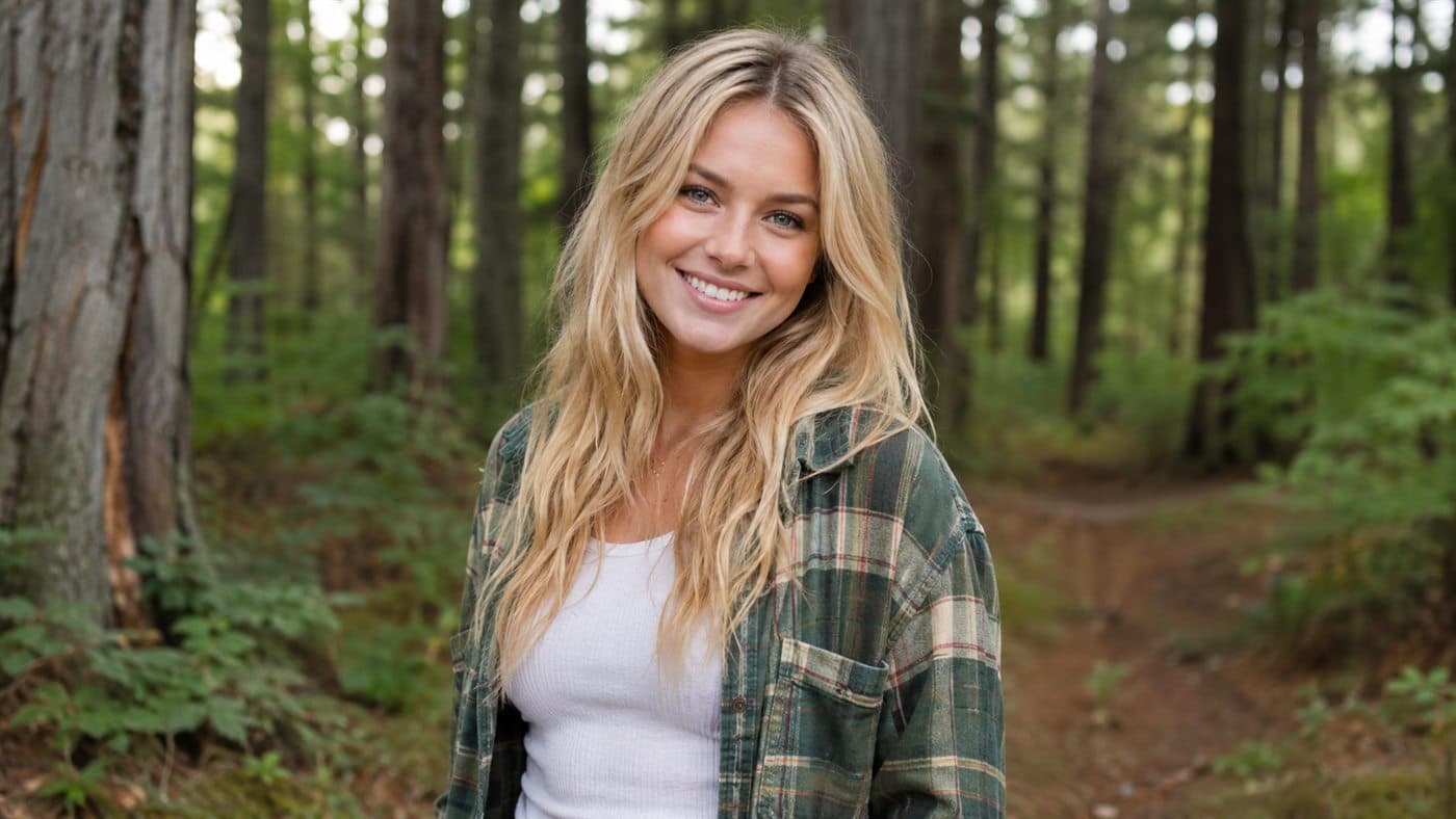 Portrait of a smiling blonde woman photographed in a forest, with the original background